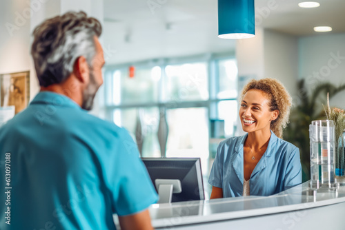 Man communicating with female receptionist at hospital. Professional receptionist at clinic building welcoming male guest. Generative AI