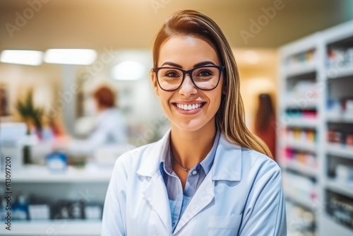 Photo of a beautiful professional female pharmacist working in chemist shop or pharmacy. Pharmacist at work. Generative AI