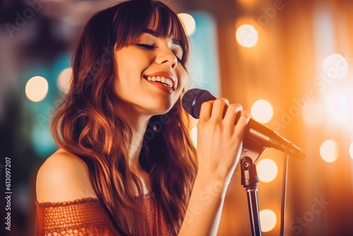 Young woman singing with microphone indoors. Attractive young female singing with closed eyes. Generative AI