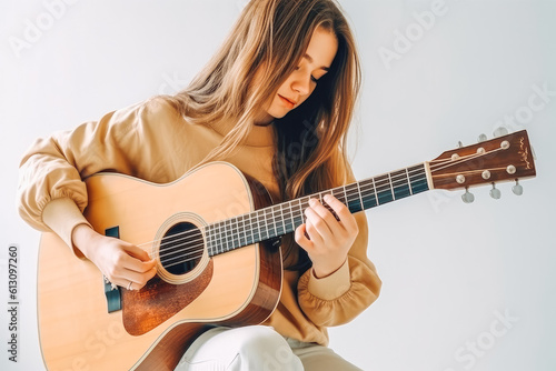 Beautiful girl with an acoustic guitar. Girl musician sitting and playing guitar. Generative AI