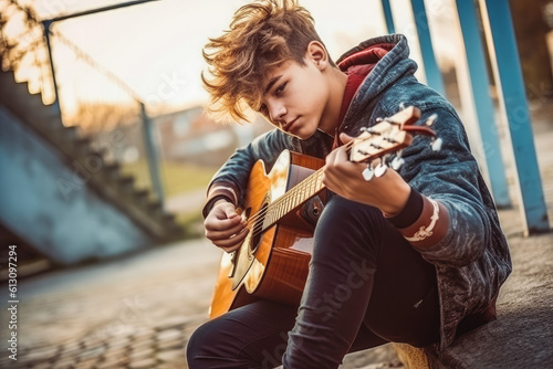 Young teenager musician urban outdoor portrait. Guy playing an acoustic guitar. Male musician sitting and playing guitar. Generative AI