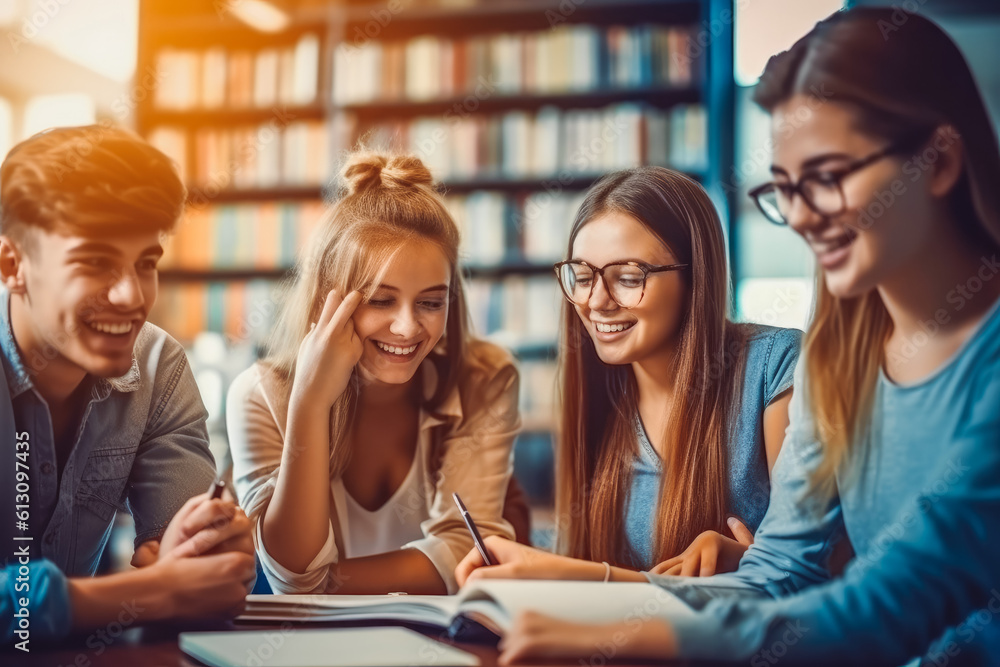 Obraz premium Education and school concept. Positive teenage students working and discussing in group. Generative AI