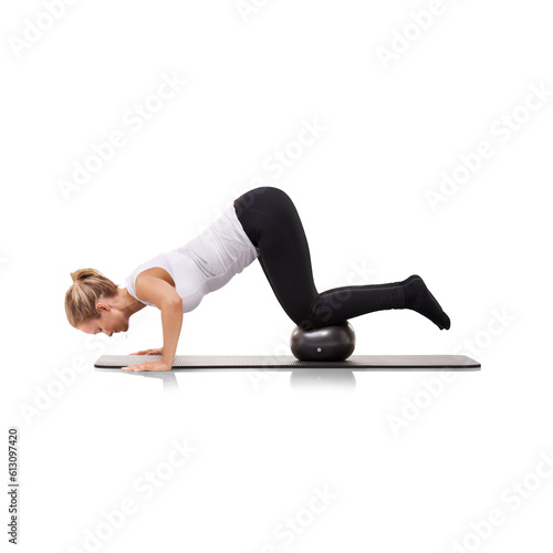 Athlete, ball and woman workout core strength with exercise equipment isolated in a transparent or png background. Push up, wellness and healthy female person training for fitness, health and sports