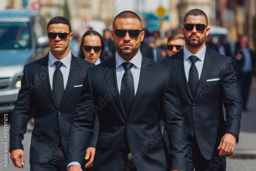 Bodyguards in suits. Group of professional serious bodyguards in business suits. Generative AI