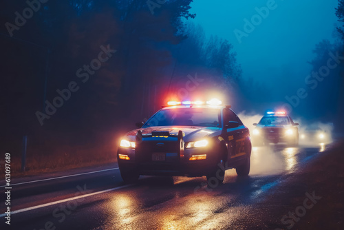 Police car chasing a car at night with fog background. Police chase. Generative AI © VisualProduction