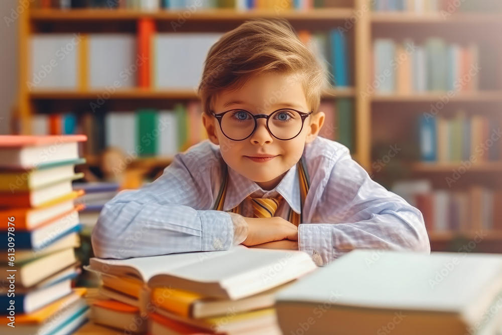 Education and school concept. Little boy sitting at table studying with books. Generative AI Education and school concept. Little boy sitting at table studying with books. Generative AI