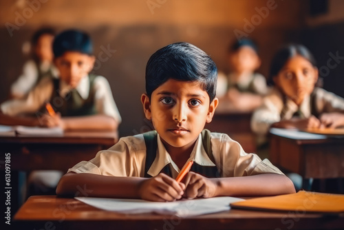 Education and school concept. Little indian boy sitting at table doing an exam. Generative AI