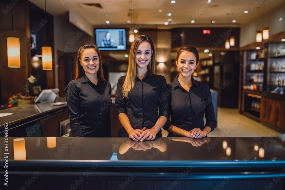 Happy hotel clerks welcoming new guests at hotel reception counter. Generative AI