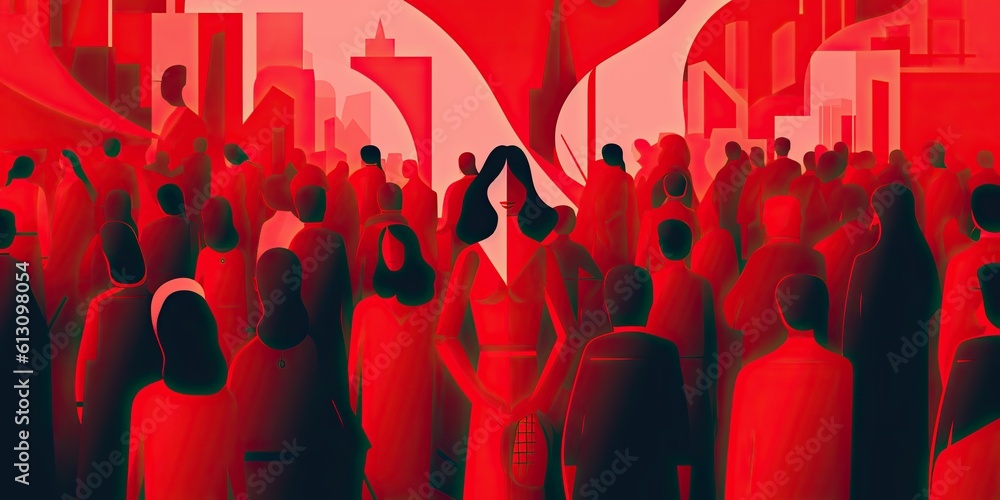 Woman on a busy city street, red theme, generative ai