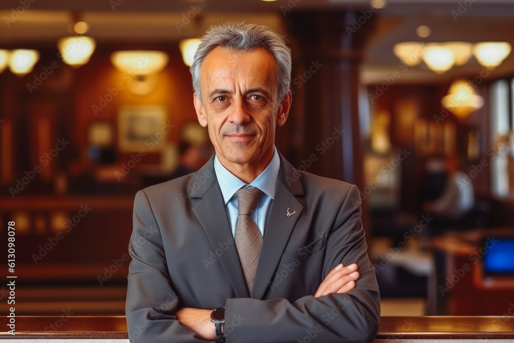 Mature businessman at hotel reception. Luxury business travel concept. Generative AI Mature businessman at hotel reception. Luxury business travel concept. Generative AI