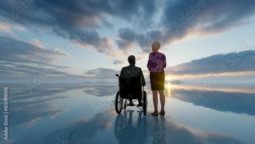 Wallpaper Mural Man in wheelchair and wife at the Uyuni Salt Flats, Bolivia, at sunset Torontodigital.ca