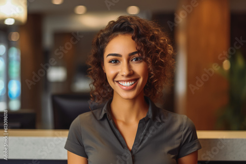 Portrait of receptionist at an office. Confident, smiling young receptionist taking calls. Generative AI
