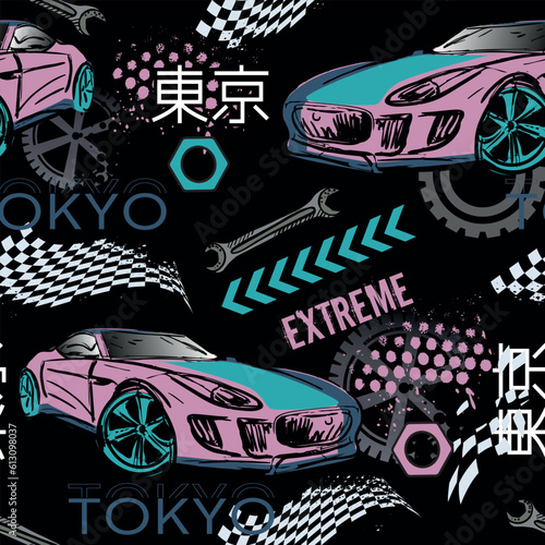 Abstract seamless pattern with sport cars .Bright background with grunge elements for textiles, children's clothes, prints. Pattern for boys
