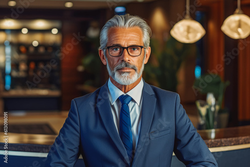 Mature businessman at hotel reception. Luxury business travel concept. Generative AI