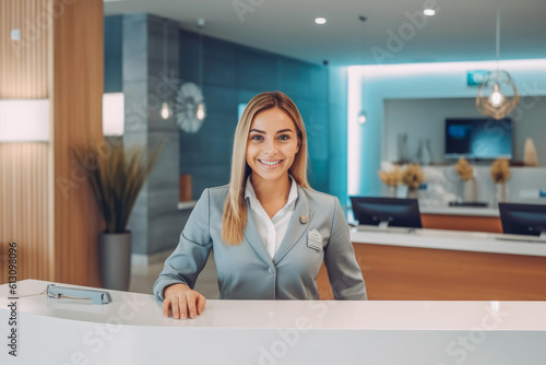 Portrait of female receptionist handling papers at reception. Confident, smiling young receptionist welcoming guests. Generative AI photo