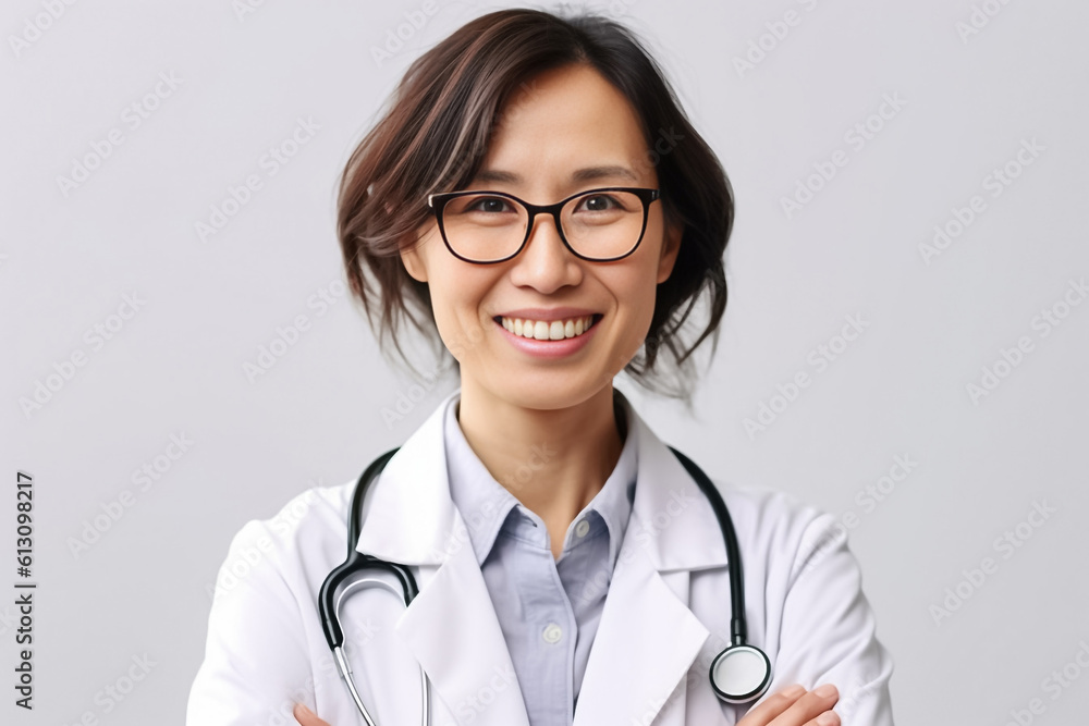 Japanese senior doctor woman exudes confidence and expertise as she poses in her crisp medical attire against a clean white background. generative AI. Japanese senior doctor woman exudes confidence and expertise as she poses in her crisp medical attire against a clean white background. generative AI.