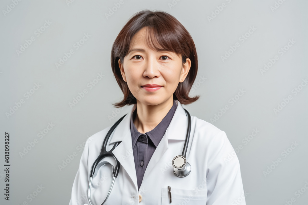 Japanese senior doctor woman exudes confidence and expertise as she poses in her crisp medical attire against a clean white background. generative AI. Japanese senior doctor woman exudes confidence and expertise as she poses in her crisp medical attire against a clean white background. generative AI.