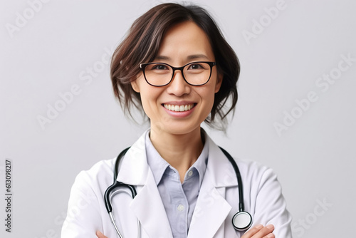 Japanese senior doctor woman exudes confidence and expertise as she poses in her crisp medical attire against a clean white background. generative AI.