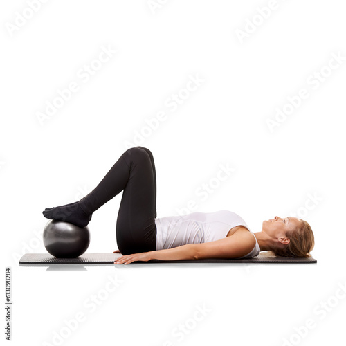Ball, fitness and woman exercise for wellness, health and core strength isolated in transparent or png background. Sit ups, training and healthy female person or athlete workout for sports or energy