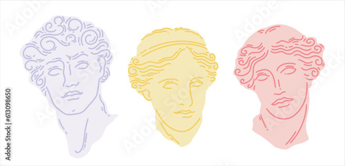 Set of antique heads. Greek sculpture. Plaster bust of Venus and David. Vector illustration in a flat style. Element for modern design.