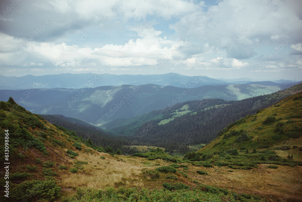 A breathtaking panorama of the majestic Carpathian Mountains in Ukraine, showcasing rugged peaks, lush green valleys, and expansive skies