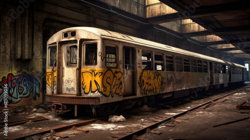 Train américain abandonné, rouillé, couvert de tags, dans les rues de New York.