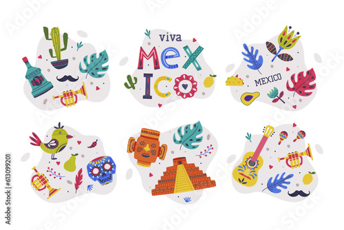 Bright Mexico Object with Guitar, Skull and Tequila Element Vector Composition Set