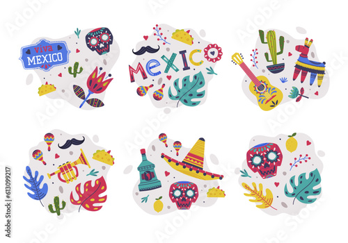 Fototapeta Naklejka Na Ścianę i Meble -  Bright Mexico Object with Guitar, Maraca, Skull and Pinata Element Vector Composition Set