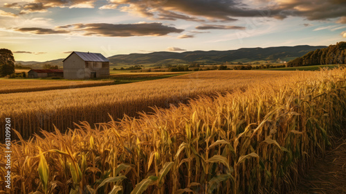  Beautiful nature scene with green corn field. Corn field at sunset. Generative AI