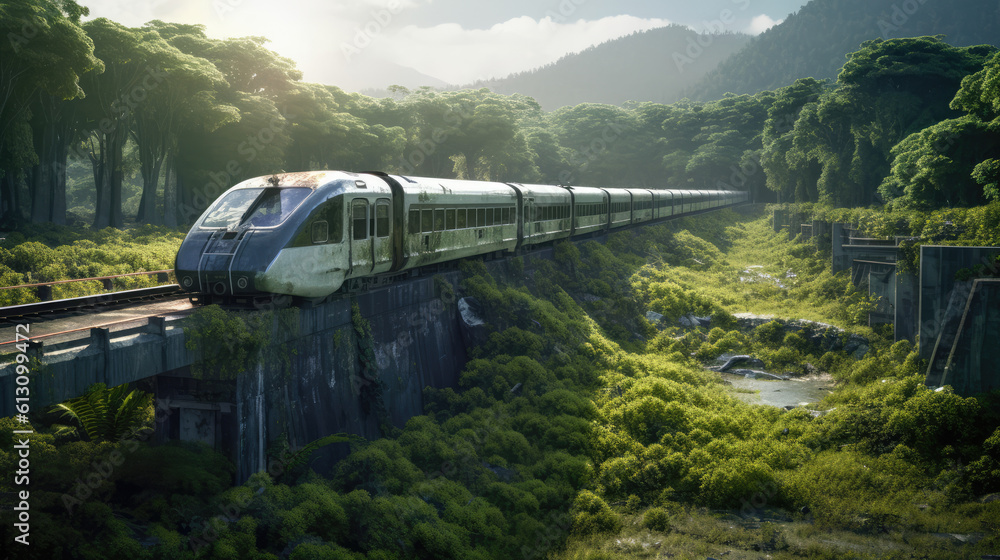 Train abandonné, pont envahi par la végétation, entouré d