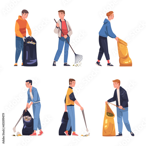 Man Character Collecting Garbage in Sack Cleaning Street Vector Illustration Set