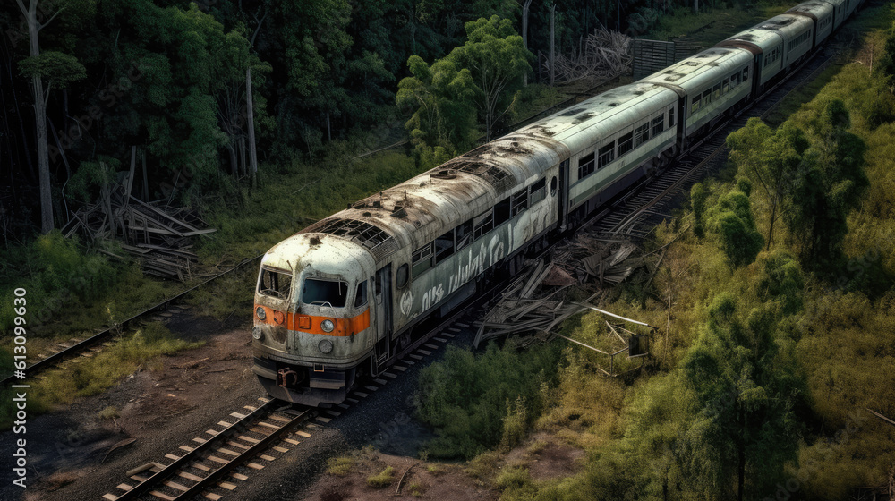 Naklejka premium Train abandonné et abîmé, émergé au cœur d'une forêt.