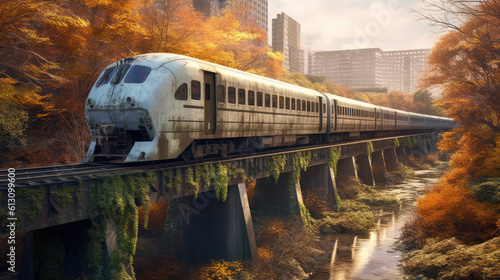 Train abandonné sur un pont, nature luxuriante, traces du temps, ville en arrière plan.