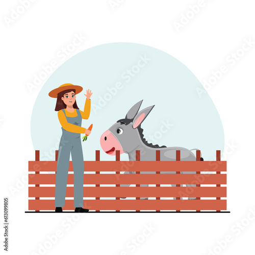 Illustration with a female worker feeding a donkey with a carrot.