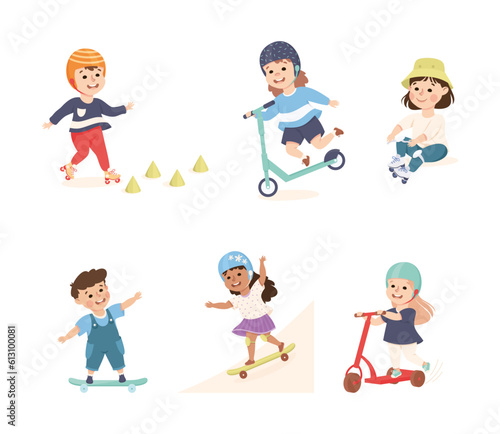 Little Girl and Boy on Scooter and Skateboard in Skate Park Having Fun and Enjoying Recreational Activity Vector Set