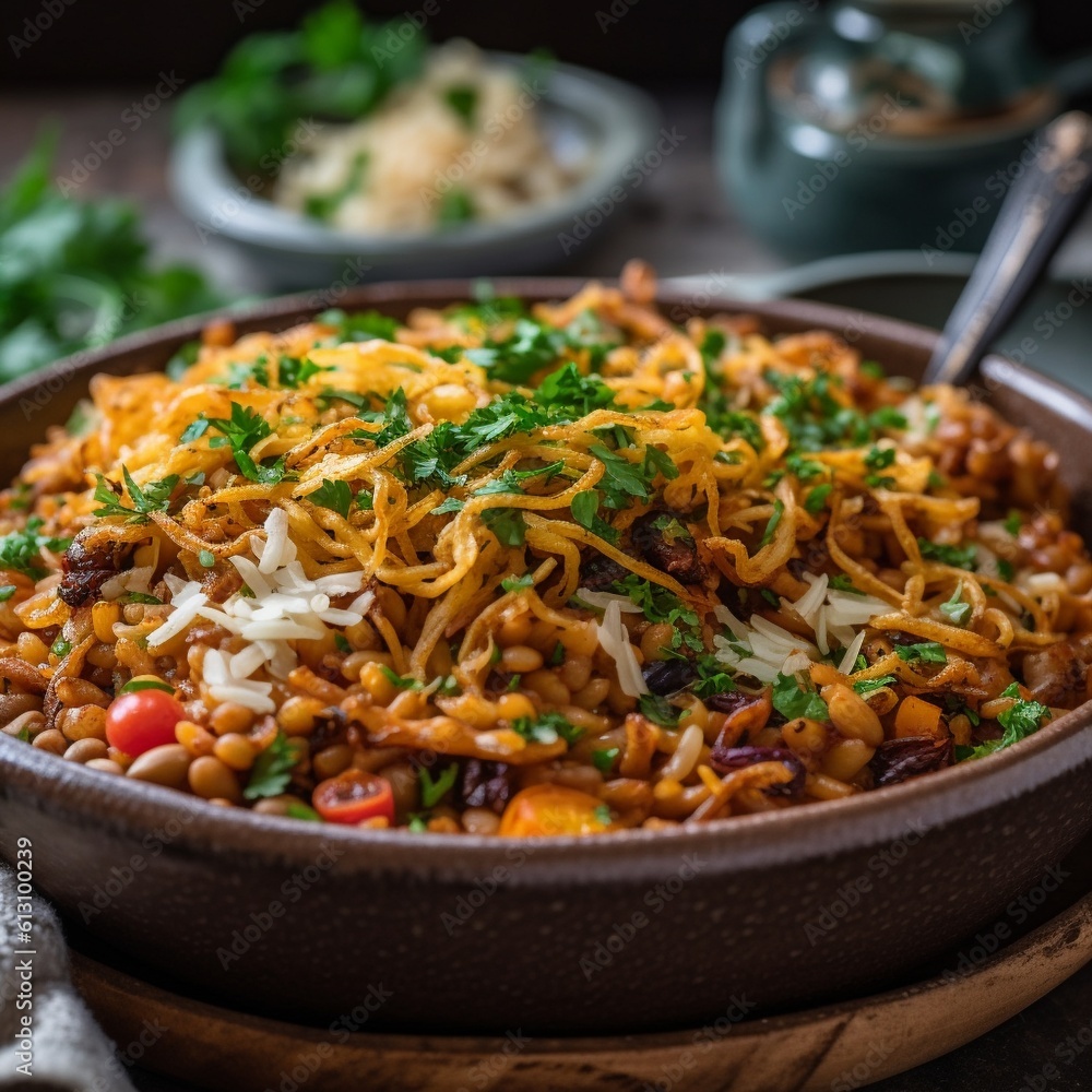 Egyptian Koshari (Rice, Lentils, and Pasta) in a Colorful Street Food Scene Egyptian Koshari (Rice, Lentils, and Pasta) in a Colorful Street Food Scene
