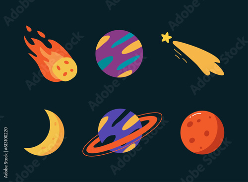 Saturn Planet, Moon and Asteroid as Space Adventure and Exploring Galaxy Vector Illustration Set
