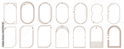 Aesthetic frame shape. Outline minimal graphic elements with stars. Abstract boho arches with sparkles. Trendy geometric templates set for poster and story. Vector illustration