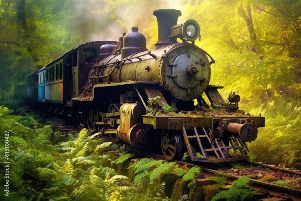 Fototapeta premium Train rides in a natural area, retro style. Old steam locomotive. Generative AI