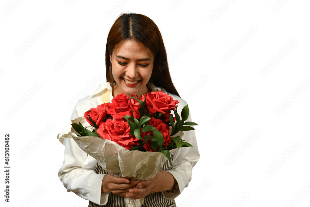Image of charming and feminine young woman holding beautiful bouquet over white background Image of charming and feminine young woman holding beautiful bouquet over white background