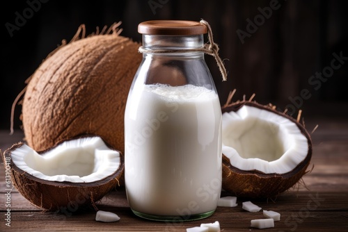 Coconut milk on a wooden background. Coconut milk in a glass bottle , Healthy food. Generative AI