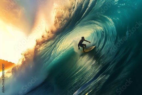 Low angle shot of a surfer daringly riding a large wave, capturing the thrill and risk of the sport. © Davivd