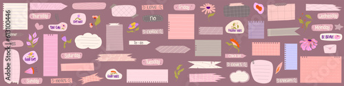 Sticker Planner various paper notes. Aesthetic sticker note with text and flower. Hand drawn cute collection badge. Frame for text and reminder. Flat vector illustration