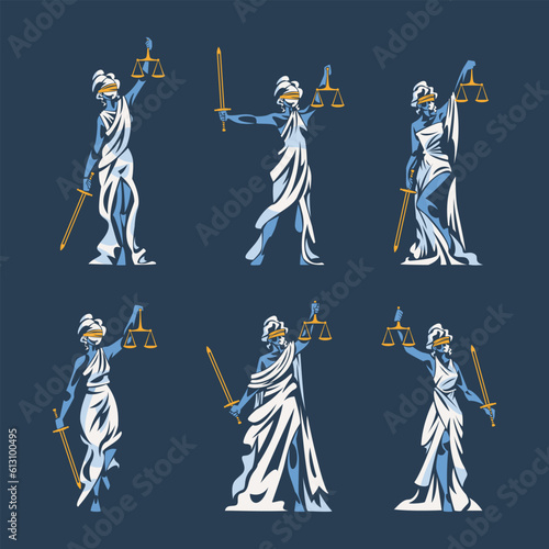 Themis as Ancient Greek Goddess and Lady Justice with Blindfold Holding Scales and Sword Vector Illustration Set