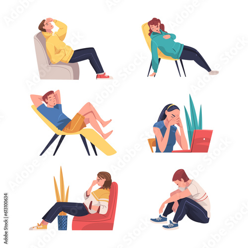 Tired Young Man and Woman Vector Illustration Set