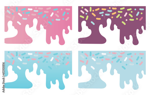 Pink soft ice cream, splashes of sweet candies, long border, seamless banner pattern, vector white background