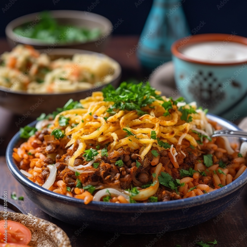 Egyptian Koshari (Rice, Lentils, and Pasta) in a Colorful Street Food Scene Egyptian Koshari (Rice, Lentils, and Pasta) in a Colorful Street Food Scene