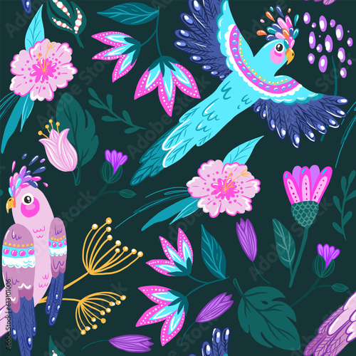 Tropical pattern with parrots and tropical leaves and flowers. Vector seamless texture. Fashionable illustration.
