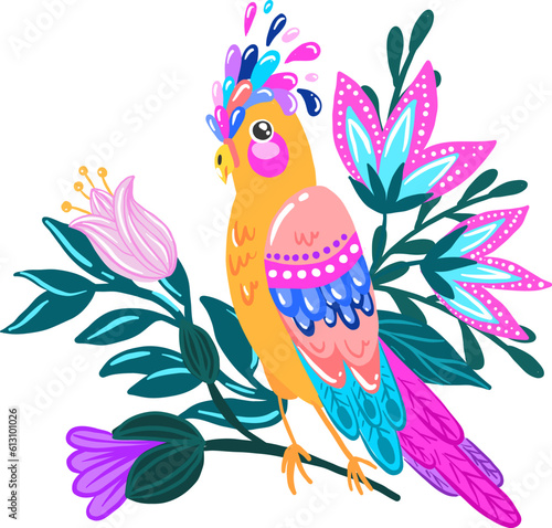 Print with parrot and tropical flowers and plants. Print for t-shirt, clothing, cards, message and more design.