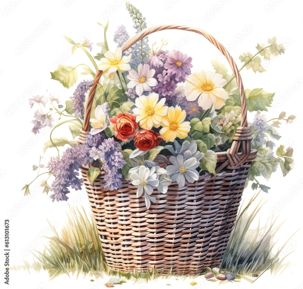 Basket with hydrangea flowers, watercolor illustration.